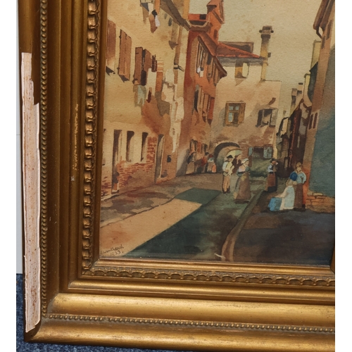 272 - E Woodhead, Continental watercolour, 30cm x 17cm, depicting various figures in street scene, signed ... 