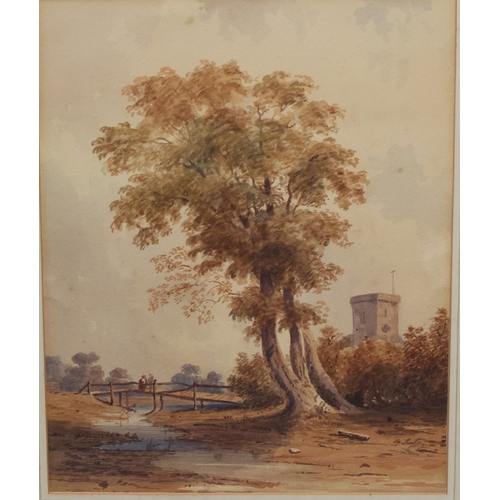273 - A 19th Century watercolour, 32.5cm x 25cm, depicting 2 figures standing on wooden bridge with church... 