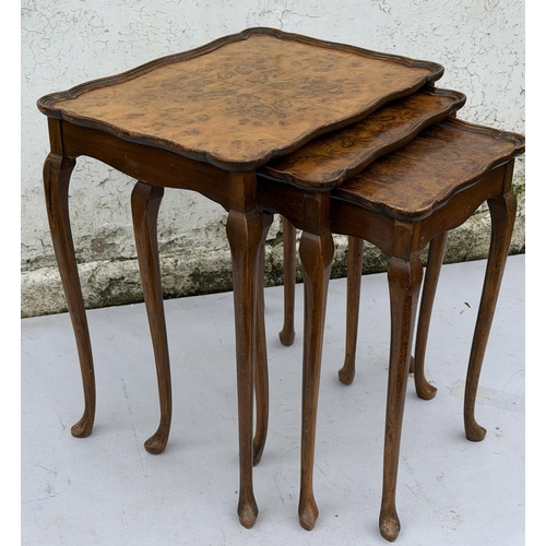 991 - A nest of 3 mahogany rectangular scallop shaped coffee tables on cabriole legs, largest, 50.5cm x 37... 