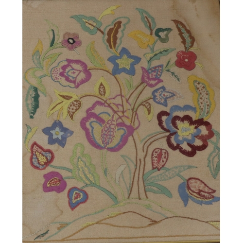 3063 - A framed floral embroidery, 54cm x 46cm overall (some stains) and 2 other framed pictures.