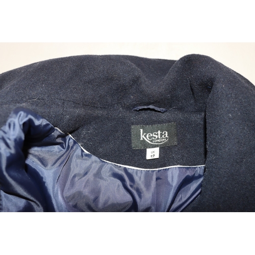 3076 - A navy blue 70% wool coat, Kesta London label, size 12, 95cm long, shoulder to cuff 63cm.