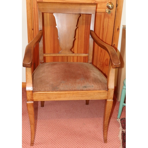 3210 - THIS ITEM IS NOT HELD BY PFW. A carving chair with brown upholstered seat, 60cm wide, 70cm deep, 92.... 