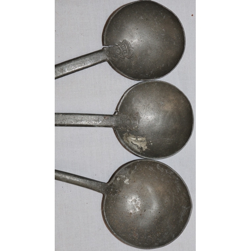 A pair of early pewter spoons, a set of 3 early pewter spoons and 3 ...