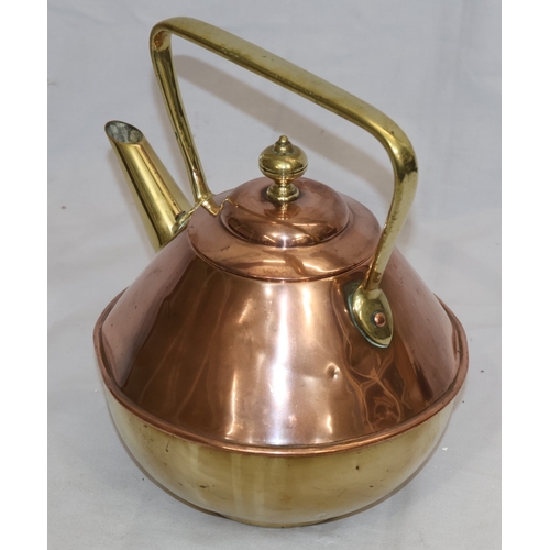 897 - Benham & Froud, Arts & Crafts copper and brass round bulbous shaped kettle with fixed overhead handl... 