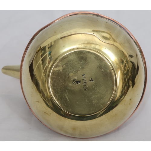 897 - Benham & Froud, Arts & Crafts copper and brass round bulbous shaped kettle with fixed overhead handl... 