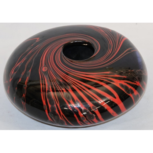 101 - Peter Layton (B.1937) contemporary Art glass round bulbous squat vase on black ground with red swirl... 