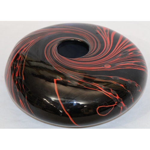 101 - Peter Layton (B.1937) contemporary Art glass round bulbous squat vase on black ground with red swirl... 