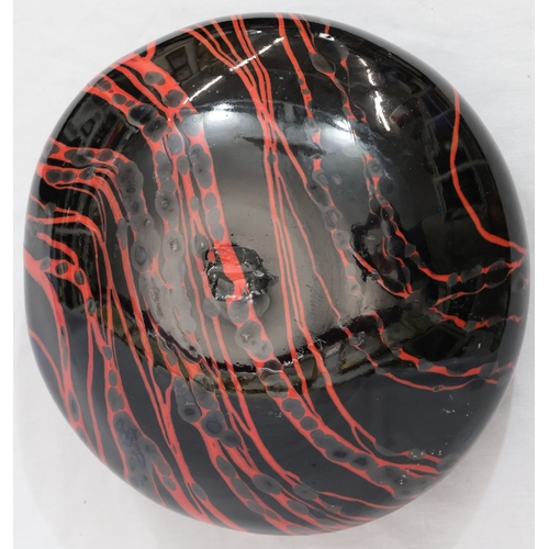 101 - Peter Layton (B.1937) contemporary Art glass round bulbous squat vase on black ground with red swirl... 