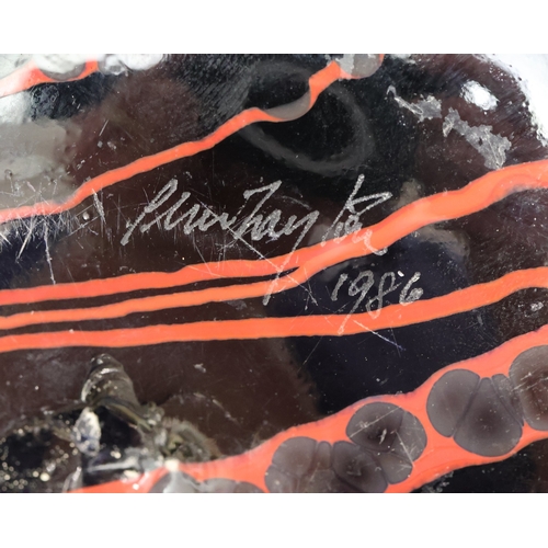 101 - Peter Layton (B.1937) contemporary Art glass round bulbous squat vase on black ground with red swirl... 