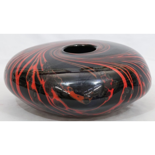 101 - Peter Layton (B.1937) contemporary Art glass round bulbous squat vase on black ground with red swirl... 