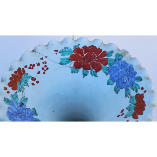 103 - A pair of large round bulbous thin necked trumpet shaped floor vases with crinkled rims, on white gr... 