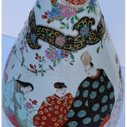 103 - A pair of large round bulbous thin necked trumpet shaped floor vases with crinkled rims, on white gr... 