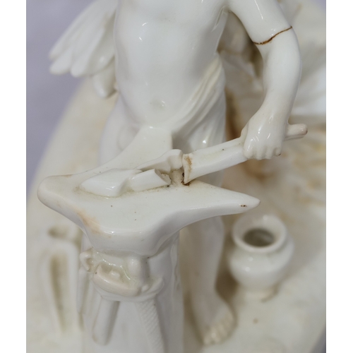 107 - A Moore Brothers white china round bulbous shaped oil lamp with allover raised cupid, floral, leaf a... 