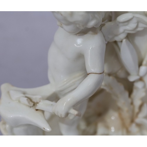 107 - A Moore Brothers white china round bulbous shaped oil lamp with allover raised cupid, floral, leaf a... 