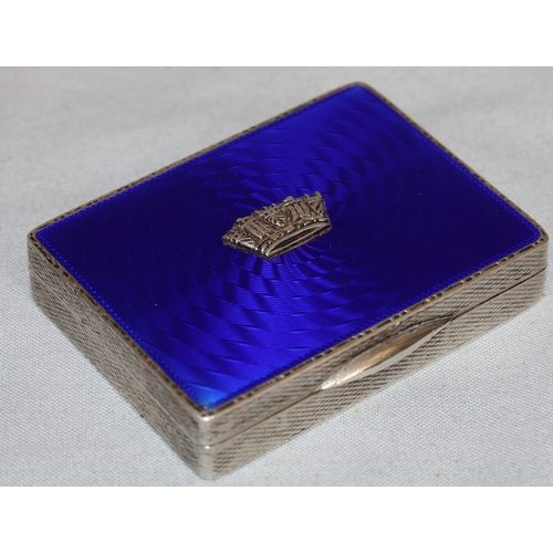 395 - An Art Deco style 925 silver minaudiere with allover engine turned decoration, blue enamelled hinged... 