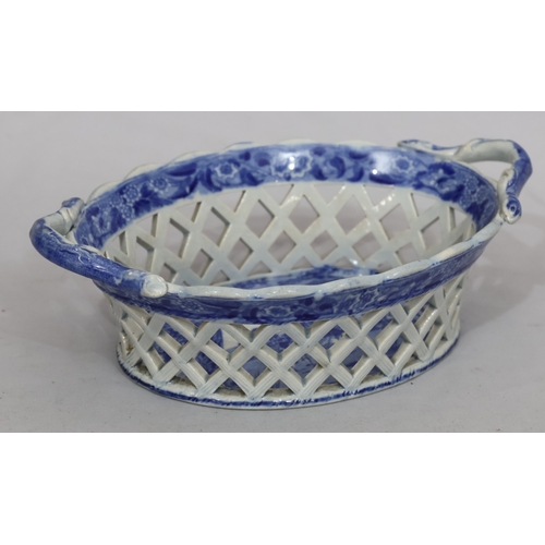 88 - A 19th Century oval blue and white 2-handled basket with figure on horseback and landscape decoratio... 