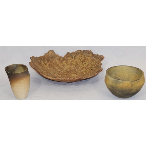 97 - A  Studio Pottery wood bark style scallop shaped shallow bowl, 39.5cm wide, a Studio Potter round bu... 