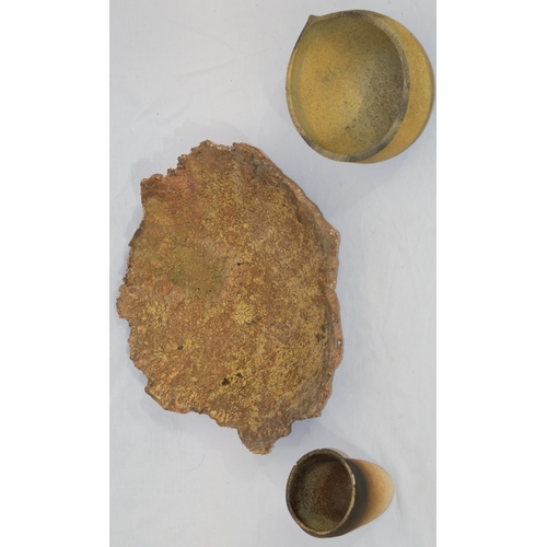 97 - A  Studio Pottery wood bark style scallop shaped shallow bowl, 39.5cm wide, a Studio Potter round bu... 