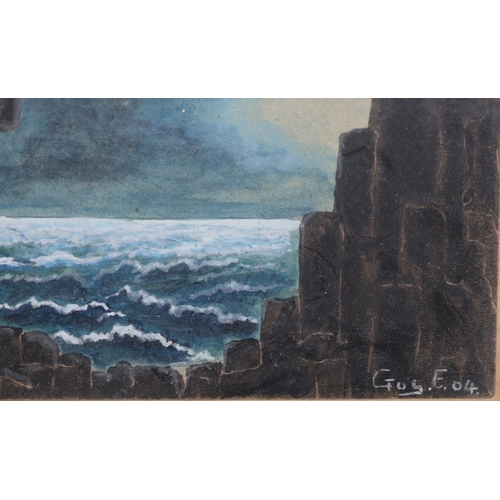4307 - Guy. E, watercolour, 9cm x 14cm,  depicting sea view from inside cave, dated '04, in oak frame and a... 
