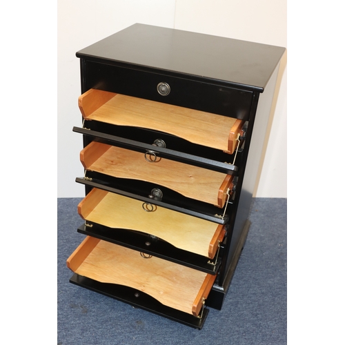 4001 - A black music cabinet with 8 drawers, maker John Austin 53cm wide, 40cm deep, 79cm high.