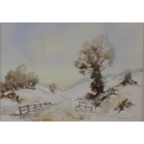 4008 - A watercolour of a wintery landscape, 24cm x 33.5cm, framed, 2 Vernon Wildgoose  pictures, 
