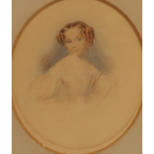 4061 - An oval miniature portrait of a young girl, 13.5cm x 12cm, in gilt frame (frame damaged, an inkwell ... 