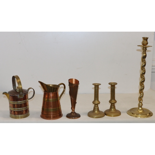 4070 - A quantity of various brass and copper, including a tall candlestick, 45cm high, a pair of candlesti... 