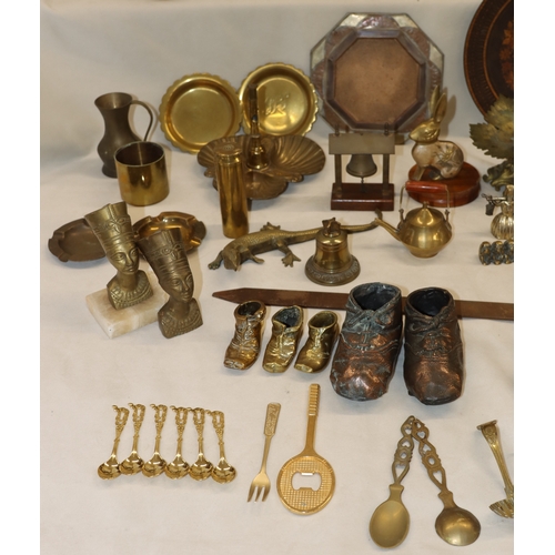 4071 - A quantity of various brass and copper, including a 4-piece fire set, 57cm high, a set of 6 goblets,... 