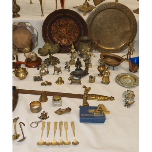 4071 - A quantity of various brass and copper, including a 4-piece fire set, 57cm high, a set of 6 goblets,... 