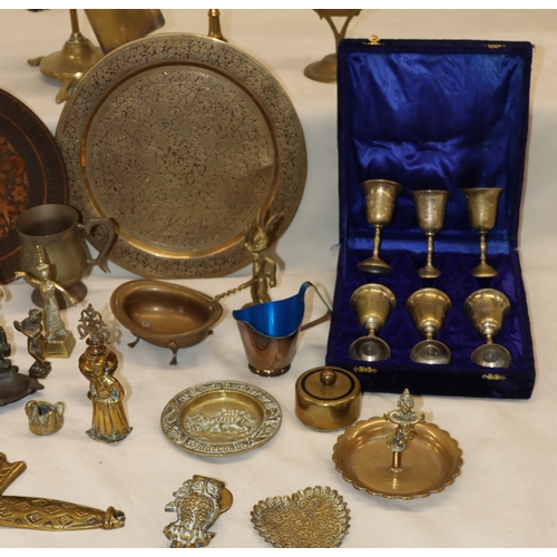 4071 - A quantity of various brass and copper, including a 4-piece fire set, 57cm high, a set of 6 goblets,... 