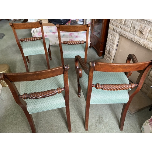 4083 - THIS ITEM IS NOT HELD BY PFW. A set of 4 Regency dining chairs, 1 carver, 3 single (worn veneer to s... 