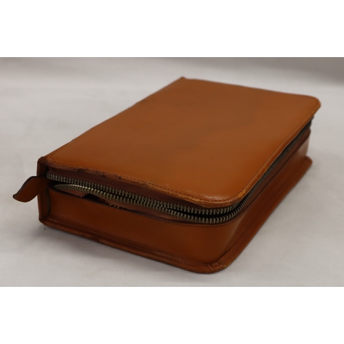 4094 - A 3-light lamp, 55.5cm high and a tan leather gentleman's travel vanity case with chromium plated co... 