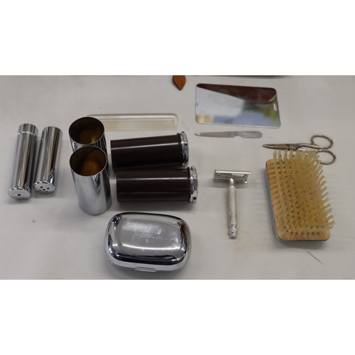 4094 - A 3-light lamp, 55.5cm high and a tan leather gentleman's travel vanity case with chromium plated co... 