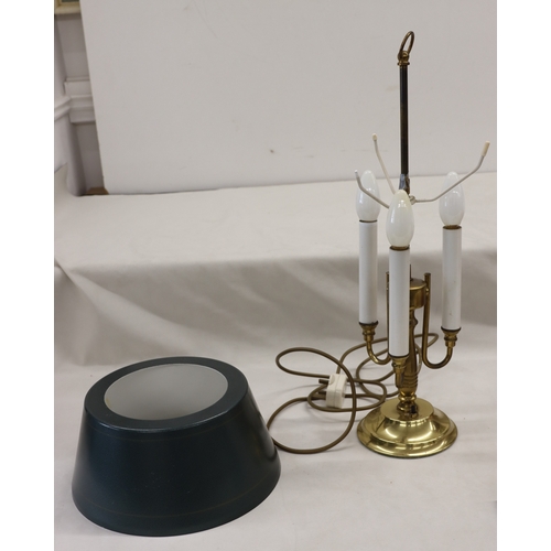 4094 - A 3-light lamp, 55.5cm high and a tan leather gentleman's travel vanity case with chromium plated co... 