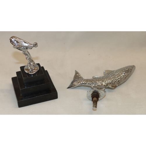 4110 - A Rolls Royce mascot on marble base, 12.5cm high and a leaping salmon bonnet mascot, 16cm long. (2)