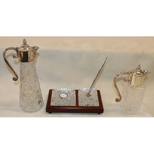 4118 - A Waterford crystal desk set, pen and holder and quartz clock in wood base and 2 silver pleated clar... 