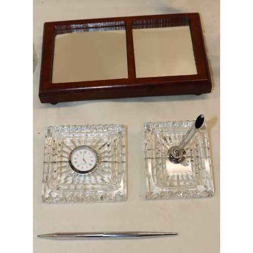 4118 - A Waterford crystal desk set, pen and holder and quartz clock in wood base and 2 silver pleated clar... 