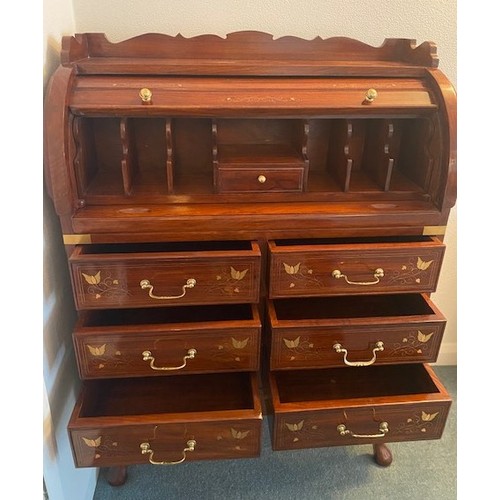 4044 - THIS LOT IS NOT HELD BY PFW. A Rosewood rolltop ladies bureau with brass inlay, 81cm wide, 36cm deep... 