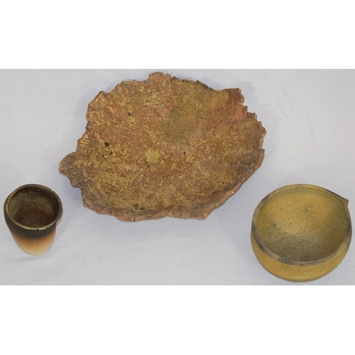 97 - A  Studio Pottery wood bark style scallop shaped shallow bowl, 39.5cm wide, a Studio Potter round bu... 