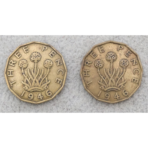 453 - 2 1946 brass Threepence coins