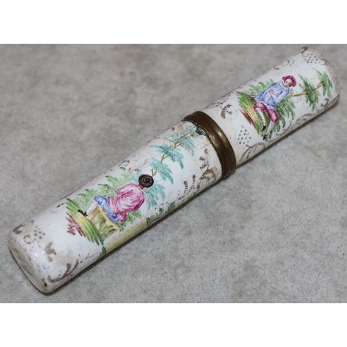 758 - An 18th/19th Century Battersea Bilston enamelled cylindrical container with cover on white ground wi... 