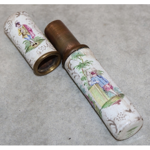 758 - An 18th/19th Century Battersea Bilston enamelled cylindrical container with cover on white ground wi... 