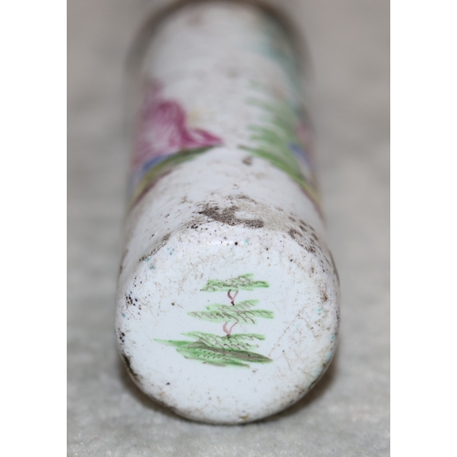 758 - An 18th/19th Century Battersea Bilston enamelled cylindrical container with cover on white ground wi... 