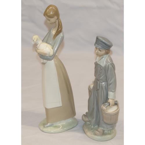 37 - 2 Lladro figurines; a Dutch boy carrying pails, 22cm high and a young girl holding a lamb, 27cm high... 
