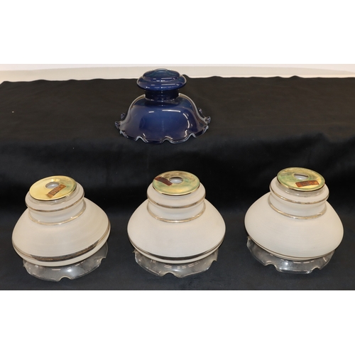 6140 - A set pf 3 frosted glass with gold detail shades, 20cm diameter, 19cm high and a blue glass shade, 2... 