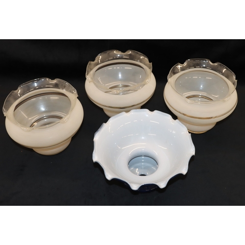 6140 - A set pf 3 frosted glass with gold detail shades, 20cm diameter, 19cm high and a blue glass shade, 2... 