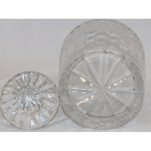274 - A cut glass round decanter with ring neck, London silver top and mushroom stopper (not fitting), 28c... 