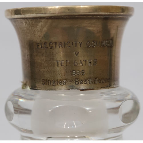 274 - A cut glass round decanter with ring neck, London silver top and mushroom stopper (not fitting), 28c... 