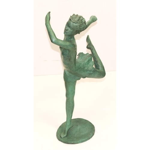 716 - Vivien Mallock, green patinated bronze figure of a female Dancer standing on one leg, 45cm high, mon... 