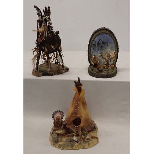 3 composition Native American Indian ornaments, seated group and Teepee ...